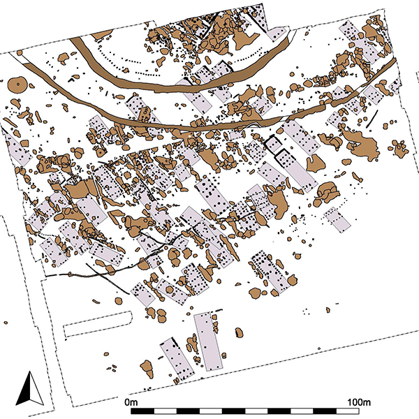 Ausgrabungsplan der bandkeramischen Siedlung von Brühl mit Hausgrundrissen