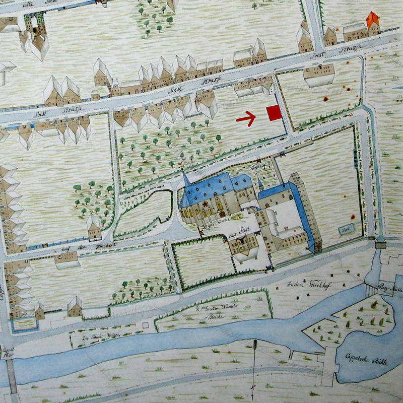 Stadtplan von Johann Peter Roscher aus dem Jahr 1776 in einer farbigen Umzeichnung von Kurt Becker (1952) mit der Lage des Friedhofes und dem benachbartem Augustinerstift